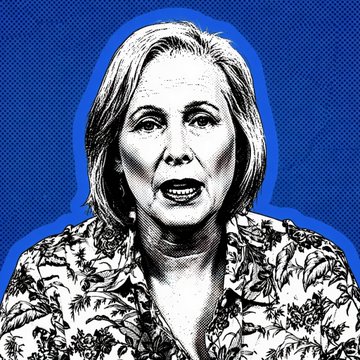 The image shows a stylized black-and-white portrait of Sen. Kirsten Gillibrand against a blue halftone background, visually accompanying news of her renewed call to ban elected officials and their spouses from issuing memecoins—a push prompted by President Trump's disclosure of roughly $636 million in 2025 income tied to his memecoin ventures.