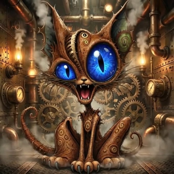 A detailed fantasy illustration of a bizarre, cat-like creature with massive, glowing blue eyes, sharp teeth, and tentacle-like appendages, sitting in a steampunk-inspired environment filled with brass pipes, gears, gauges, and steam.
