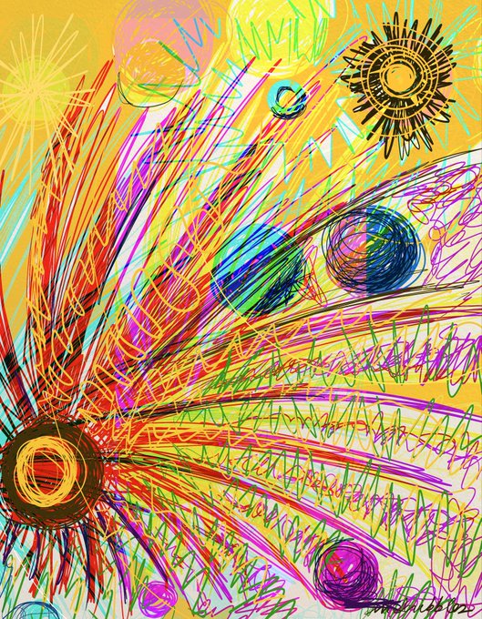 An abstract digital artwork features chaotic, colorful scribbles in pink, red, blue, and yellow, with circular sun-like shapes against a yellow background.