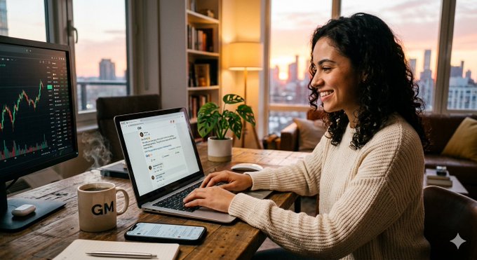 A woman works on a laptop at a wooden desk, surrounded by a potted plant and a window with city buildings outside.