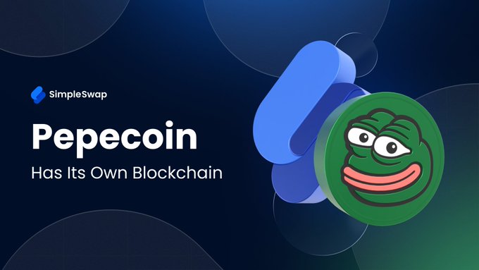 A SimpleSwap promotional graphic featuring the Pepecoin logo—a stylized Pepe the Frog face on a green coin—alongside text reading "Pepecoin Has Its Own Blockchain," highlighting that $PEP operates on its own proof-of-work chain rather than being the Ethereum-based PEPE meme token.