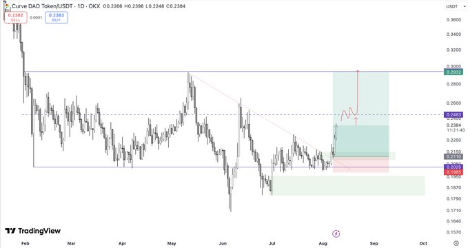 A TradingView price chart of Curve DAO Token/USDT (CRV) on the daily timeframe shows a recent breakout above the ~$0.24 resistance level, with price currently at $0.2382 and projected to test the $0.29 region, aligning with the post's mention of a significant breakout and the $0.25 level as the next key area to watch.