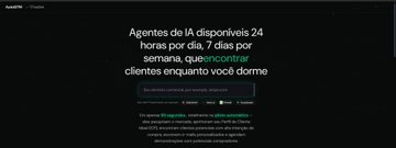 A website screenshot with text in Portuguese stating 'Agentes de IA disponíveis 24 horas por dia, 7 dias por semana, elaborando conteúdo enquanto você dorme,' advertising AI agents that create content.