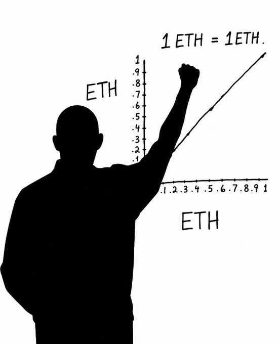A silhouette of a person raising a fist in front of a graph with the equation '1 ETH = 1 ETH.' and both axes labeled 'ETH'.