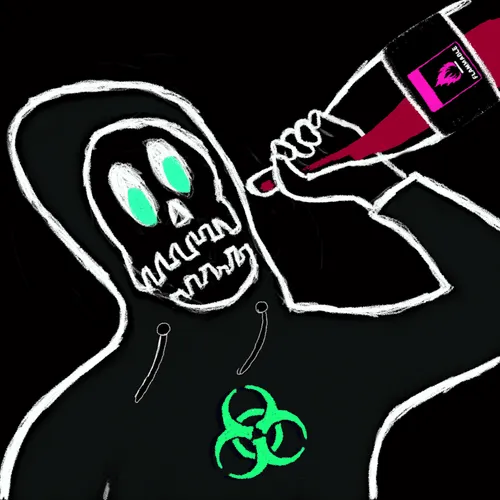 A dark illustration depicting a hooded figure with a glowing-eyed skull face drinking from a bottle labeled 'PROTOKOL', with a green biohazard symbol on its chest.