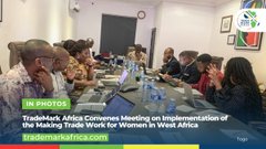 A video still showing a TradeMark Africa Countries Meeting on implementation of the Making Trade Work for Women in West Africa, with "IN AFRICA" and "trademarkafrica.com" text overlays.