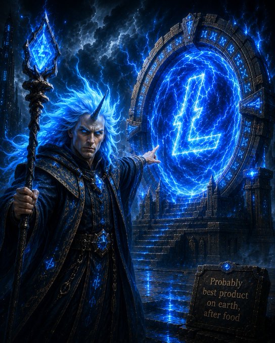 A fantasy digital artwork of a blue-haired wizard holding a staff in front of a glowing blue portal with runes, with humorous text reading 'Probably best product on earth, after food.'