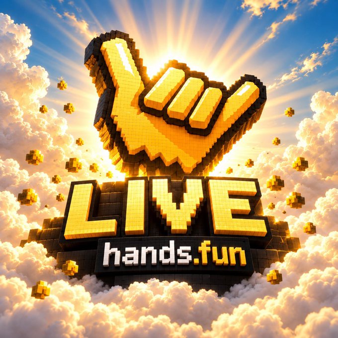 Pixelated/Minecraft-style 3D logo featuring a yellow hand gesture and the text "LIVE hands.fun" floating among clouds with sun rays in the background.