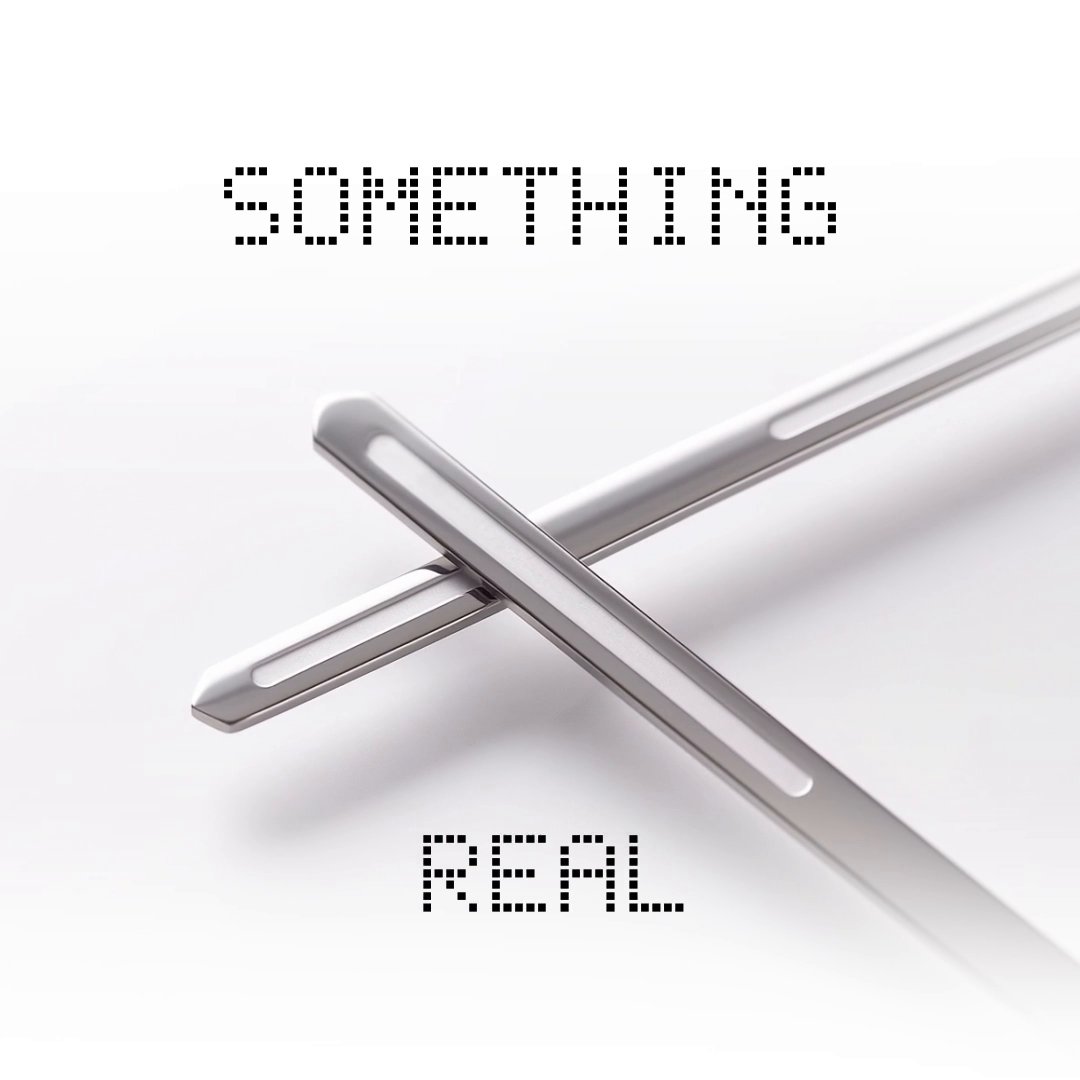 Product image of two crossed silver metal pins with pixelated text 'SOMETIMES' and 'REAL'.