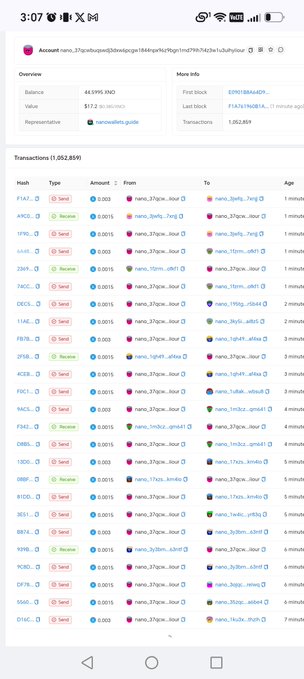 A screenshot of a wallet app showing an account named 'nano_37qhv8cypwj6b6wpq6ri' with a balance of 44.5995 NANO and a list of recent transactions.