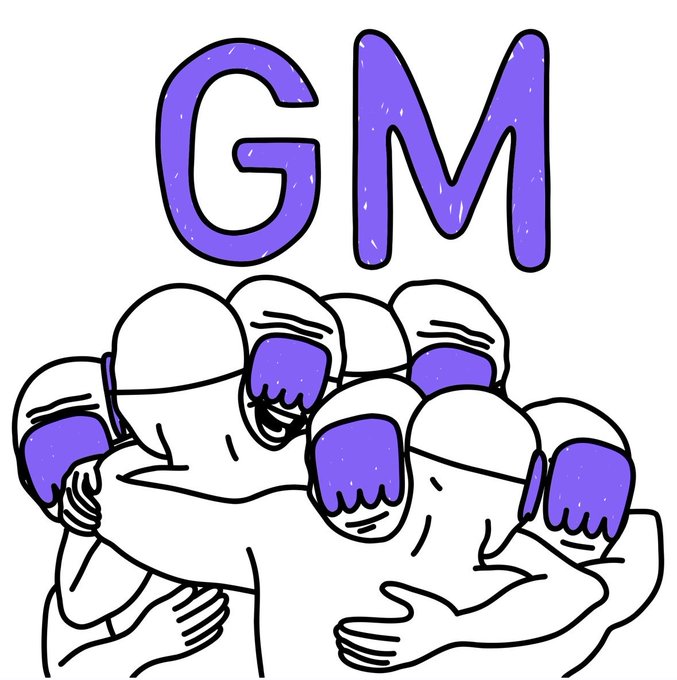 A simple cartoon drawing showing a group of bald figures in a huddle with purple 'GM' (Good Morning) text dripping over them like hair, representing the crypto Twitter morning greeting meme.