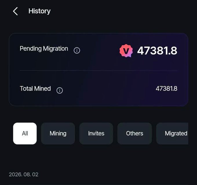 The image shows a History screen for VeryLabs (V token) displaying a "Pending Migration" balance of 47,381.8 V tokens with a matching "Total Mined" amount, categorized by All, Mining, Invites, Others, and Migrated filters dated 2026.08.02. This visually demonstrates the crypto mining rewards users can accumulate through the VeryLabs platform promoted in the post, showcasing real earnings from their free mobile mining service.