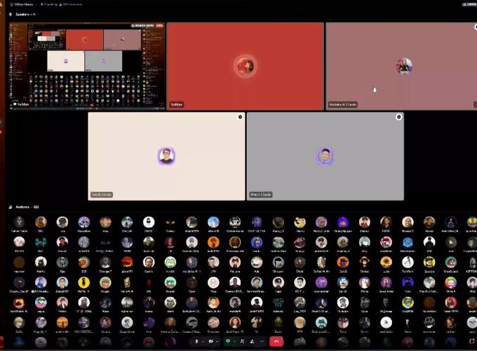 A Discord server interface showing video call participants in a grid layout with many user avatars listed below in the 'Audiences' section.