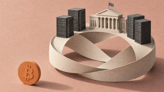 A Bitcoin symbol sits beside a Mobius strip loop, representing the cyclical nature of finance and investment, with servers and a courthouse-like building suggesting institutions and AI infrastructure. The image visually ties into the post's themes of AI, investment, and the potential of Bitcoin.