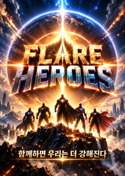 An epic, cosmic-themed promotional graphic for 'Flare Heroes' shows five caped superhero figures standing on a rocky peak, with Korean text at the bottom translating to 'If we gather, we become stronger.'