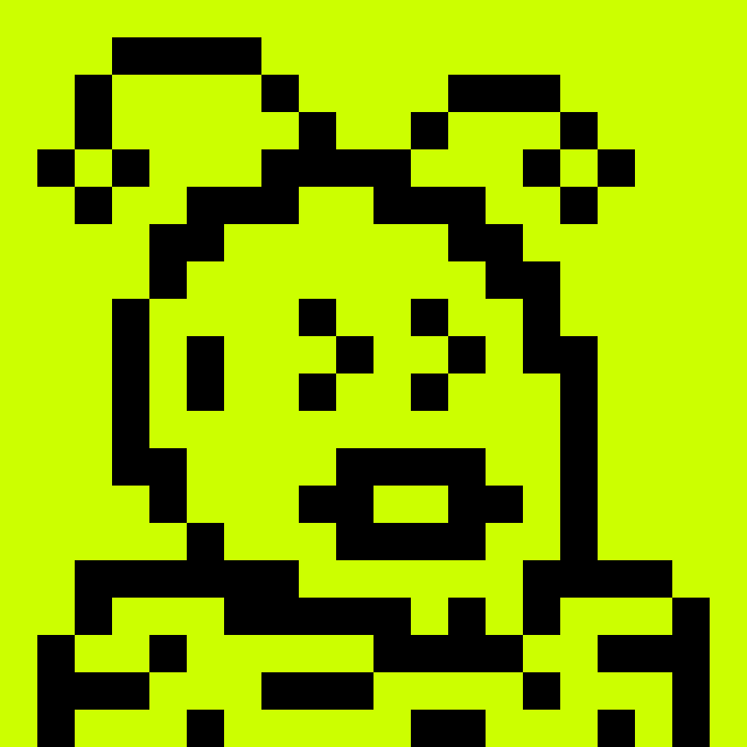 A low-resolution pixel art rendering of the 'pepe' meme character in black and yellow-green tones, depicting a face with wide eyes and an open mouth.