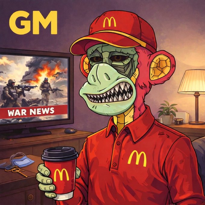 An illustration of a menacing monkey-like creature wearing a McDonald's uniform and cap, holding a McDonald's coffee cup, with 'GM' text and a 'WAR NEWS' TV screen in the background.