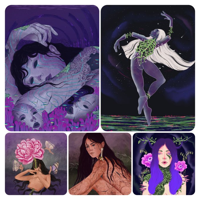 A collage of five digital illustrations featuring women with flowing hair in mystical settings, rendered in purple and blue tones.