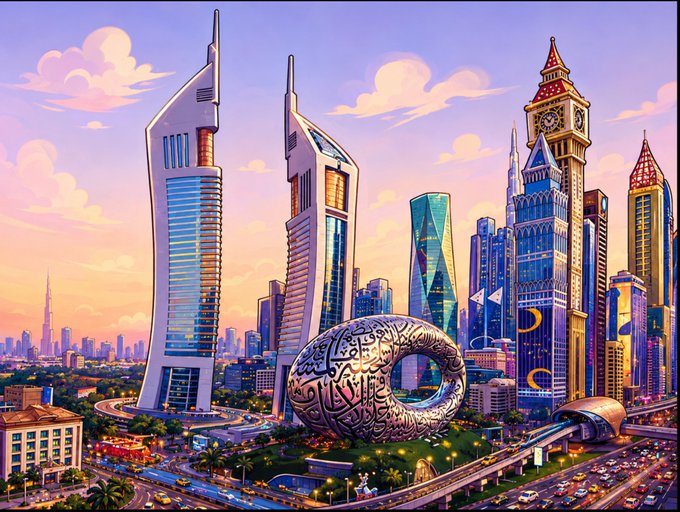 The image displays a stylized illustration of Dubai's skyline, featuring iconic landmarks like the Emirates Towers, Museum of the Future, and a clock tower resembling Big Ben, all set against a sunset backdrop. The accompanying caption connects Dubai's modern financial infrastructure to the UAE's growing role in leading regulated stablecoin adoption within the GCC, highlighting how dirham-backed stablecoins complement dollar-based ones for international payments.