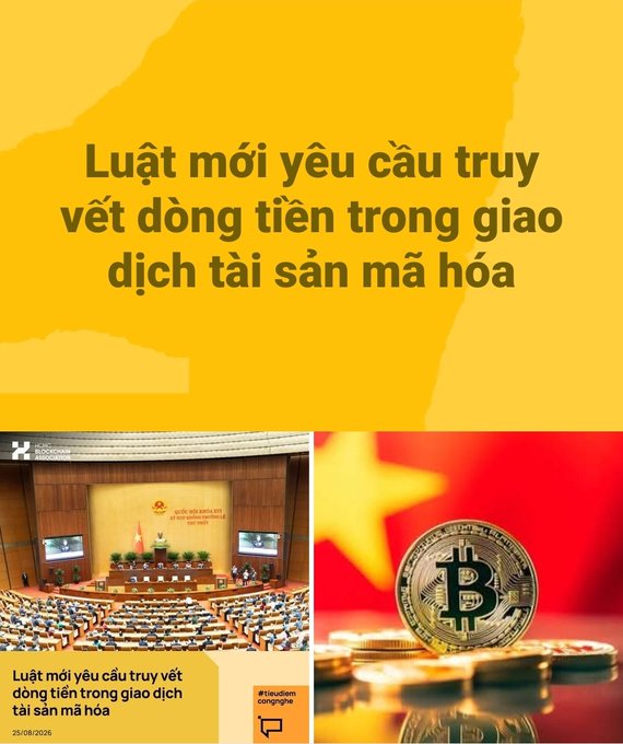 A yellow graphic titled 'Luật mới yêu cầu truy vết dòng tiền trong giao dịch tài sản mã hóa' dated 25/08/2026, showing the Vietnamese National Assembly hall alongside a Bitcoin coin on a Chinese flag background.