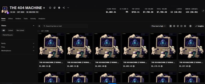 A screenshot of a cryptocurrency analytics dashboard titled 'THE 404 MACHINE' displaying NFT items priced around $1,001-1,002.31 each, with market stats showing 13 listings and 124 owners.