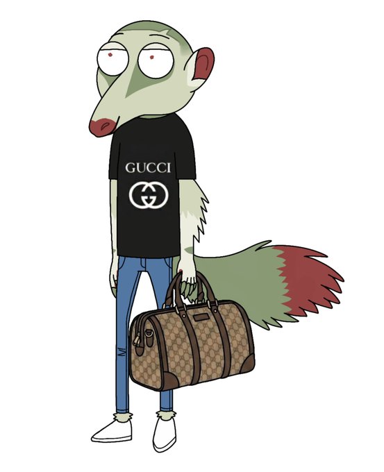The image shows a cartoon character—a pale, greenish figure with a long snout, large eyes, and a red-tipped tail—wearing a black t-shirt labeled "GUCCI" with the brand's logo, and holding a Gucci monogrammed duffle bag. The post asks users to "Drop Your $SOL Adresses," likely using the image as a humorous flex of wealth or luxury to entice crypto wallet address submissions.