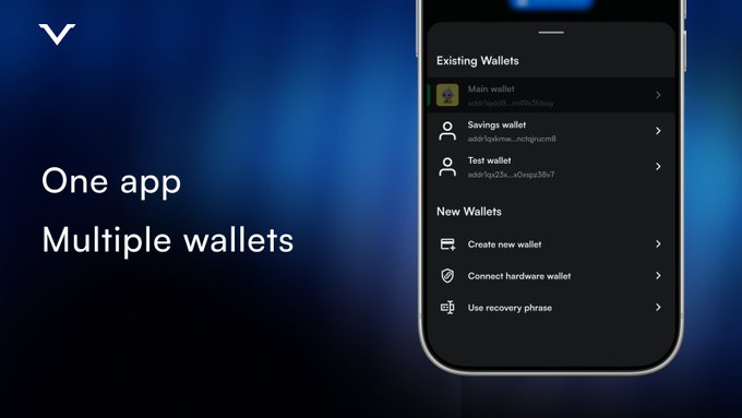 An advertisement for a crypto wallet app showing a phone interface with "Existing Wallets" and "New Wallets" options, alongside the text "One app Multiple wallets".