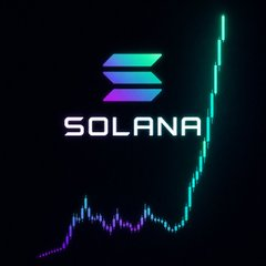 The image features a logo for Solana, which consists of a stylized "S" with a gradient background transitioning from blue at the top to purple at the bottom. The word "Solana" is written below this design element. Below the logo, there's a line graph that shows a downward trend in value over time. The text "Shill me your strongest @Solana bags" is also present on the image.