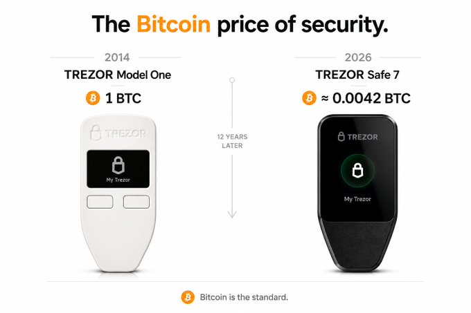 The image shows a comparison titled "The Bitcoin price of security," illustrating that in 2014 the TREZOR Model One cost 1 BTC, while in 2026 the TREZOR Safe 7 costs only ≈0.0042 BTC—demonstrating how Bitcoin's appreciation has made hardware wallets dramatically more affordable, reinforcing the post's message that Bitcoin remains an excellent store of value worth protecting with a proper hardware wallet.