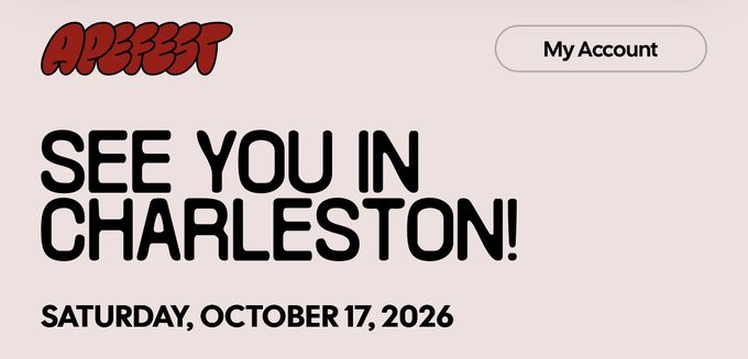 A promotional banner displays 'ADERFEST' in red, with bold black text reading 'SEE YOU IN CHARLESTON! SATURDAY, OCTOBER 17, 2026' and a 'My Account' button.