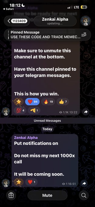 A Telegram channel screenshot for 'Zenkai Alpha' with a pinned message instructing users to 'USE THESE CODE AND TRADE MEMECO...' and to unmute the channel for a 'next 1000x call'.