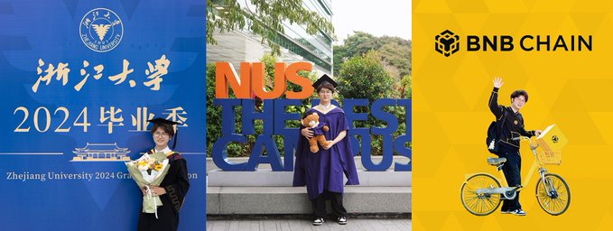 Three graduation photos: a student at Zhejiang University 2024 graduation (浙江大学 2024毕业季), a graduate at NUS in purple gown, and a student waving on a yellow BNB CHAIN bicycle.