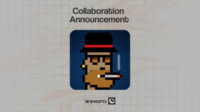 A 'Collaboration Announcement' graphic for WINGFO, featuring a pixel art character with dark skin, a red-banded top hat, gold earrings, and a cigarette, set against a dark blue background with a marble-patterned backdrop.
