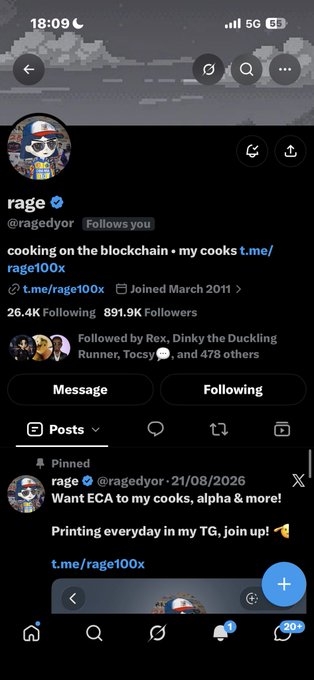 A mobile screenshot shows the Twitter/X profile of user 'rage' (@ragedyor), who has 891.9K followers, promotes 'rage100x' cooking on the blockchain, and pinned a tweet from 21/08/2026.