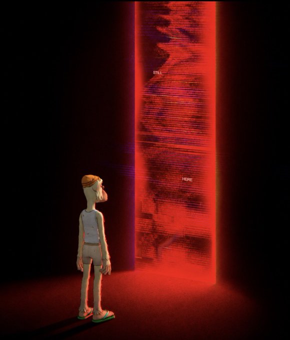 A 3D rendered scene of a thin cartoon character standing in a dark space looking at a glowing red portal or wall displaying a distorted face with text 'STILL' and 'HERE'.