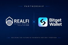 The image features a blue background with two white logos, one for "Realfi" and the other for "Biteget Wallet". The text below the logos states that "BREAKING: FOX BUSINESS REPORTS THAT A CEO HAS STATED Bank of America IS NOW UTILIZING $XRP FOR 100% OF IT'. The image suggests a partnership between these two entities, possibly in the field of cryptocurrency or payment solutions.