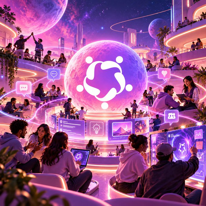 A futuristic cosmic gathering hub features diverse users engaging around a glowing purple sphere displaying a swirl/atom-like logo, with floating chat bubbles, lightbulb icons, and digital screens suggesting active collaboration. The image visually reinforces the post's message about thriving organic engagement—showing community members not as passive consumers but as active creators generating their own content, conversations, and connections beyond any central broadcast.
