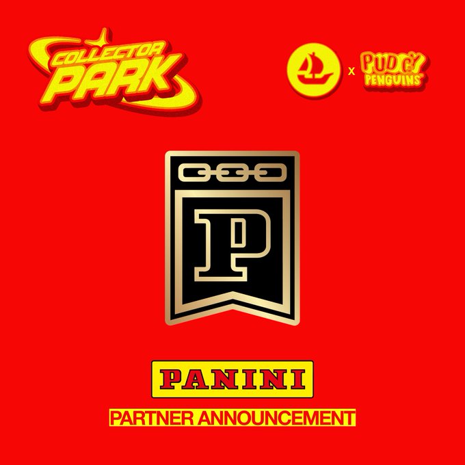 The image is a red graphic displaying "Collector Park" and "Pudgy Penguins" logos at the top, with a Panini "P" badge in the center and "PANINI PARTNER ANNOUNCEMENT" text below, promoting the NFT NYC event taking place on 9/3 from 12p–8p ET.