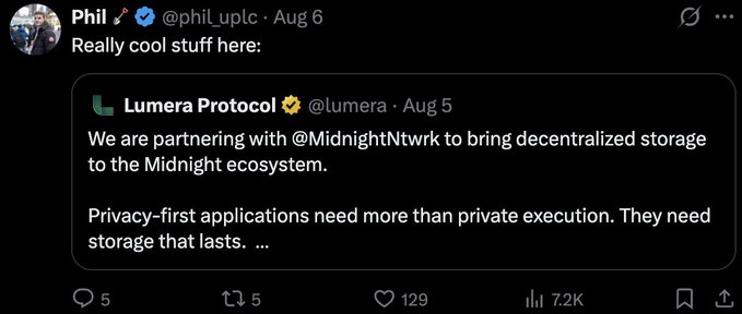 A screenshot of a tweet from Phil (@phil_uplc, Aug 6) quoting a Lumera Protocol (@lumera, Aug 5) post about partnering with @MidnightNtwrk to bring decentralized storage to the Midnight ecosystem. The tweet has 5 replies, 5 retweets, 129 likes, and 7.2K views.