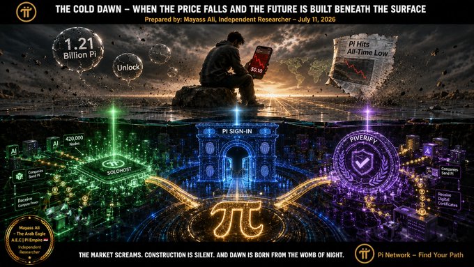A dramatic promotional graphic titled "THE COLD DAWN – WHEN THE PRICE FALLS AND THE FUTURE IS BUILT BENEATH THE SURFACE" by Miyass Ali (dated July 11, 2026) depicts a solitary figure on a rock above water, surrounded by symbolic elements including "1.21 Billion Pi," "Pi Hits All-Time Low," and a $0.10 price tag, while beneath the surface an illuminated cityscape showcases Pi Network features like "PI SIGN-IN," "SOLOHOST," and "PIVERIFY." The imagery visually reinforces the post's theme of Pi Network experiencing a price collapse while development continues silently below.