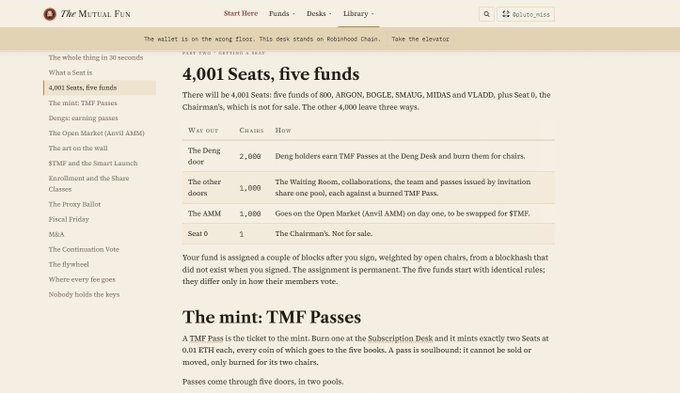 A screenshot of the Robinhood Chain section on The Mutual Fun's website showing details about the "4,001 Seats, five funds" project, which involves five funds (BOO, ARGON, BOGLE, SMAUG, MIDAS and VLADO) with a distribution table listing 2,000 Seats from "The Deng door," 1,000 from "The other doors," 1,000 from "The AMM," and Seat 0 going to "The Chairman," along with information about TMF Passes used for minting.