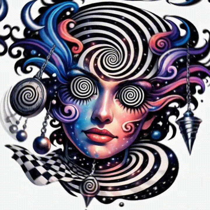 The image features a woman's face with multiple eyes, giving her an otherworldly appearance. The eyes are surrounded by swirls of color, creating a mesmerizing effect. The background appears to be white, which contrasts with the vibrant colors on the woman's face and adds depth to the overall composition.