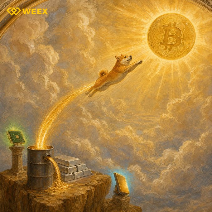 A Shiba Inu dog leaps skyward toward a radiant Bitcoin coin amidst golden clouds, while a barrel and stacked gold bars spill molten cryptocurrency on a cliff below, alongside glowing mining hardware and a laptop. The "WEEX" logo appears in the top-left corner, reinforcing the post's theme of relentless, 24/7 crypto trading as the dog endlessly chases Bitcoin's ever-rising sun.