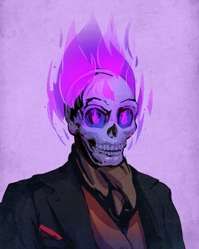 A digital illustration featuring a skeletal figure with glowing purple eyes and bright purple flame-like hair, wearing a dark suit and red tie against a lavender background.