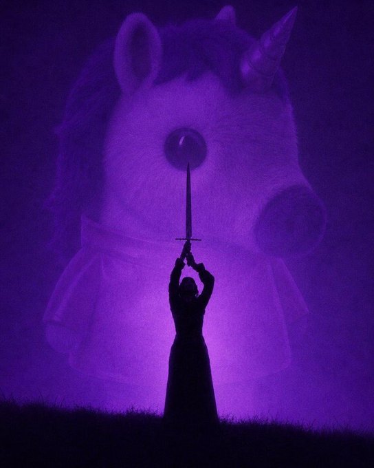 A silhouette of a person in a robe holding a sword upright, standing before a giant, ghostly image of a crying unicorn in a purple-hued, atmospheric setting.