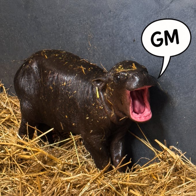 A photo of a baby pygmy hippopotamus standing in straw with its mouth wide open, accompanied by a speech bubble saying 'GM'.