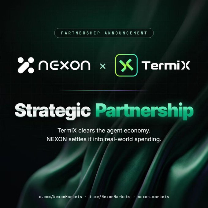 A digital graphic announcing a strategic partnership between 'NEXON' and 'TermiX', featuring the text 'TermiX clears the agent economy. NEXON settles it into real-world spending' and links to x.com/NexonMarkets.