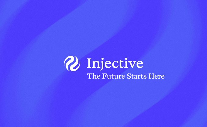 A promotional image with a blue gradient background displaying the Injective logo and the text 'The Future Starts Here.'