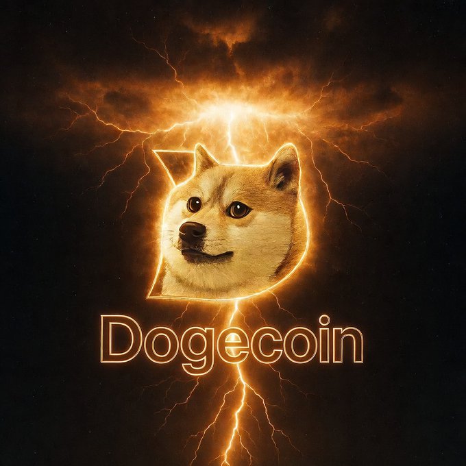 The Dogecoin logo featuring a Shiba Inu dog's face with the text 'Dogecoin' surrounded by dramatic orange lightning effects.