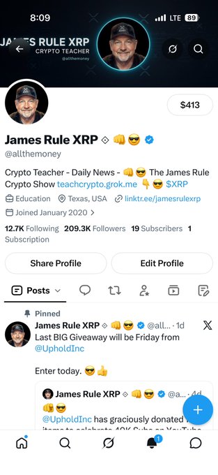 A X profile page for "James Rule XRP" (@allthemoney), a Crypto Teacher account showing $413 in donations, 209.3K Followers, and 12.7K Following, with the "Posts" tab selected over "All" — supporting the author's point that defaulting to Posts view causes users to miss important updates like pinned giveaway announcements.